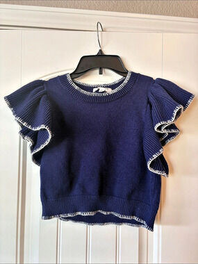 day + moon Ruffle Sleeve Sweater Blue Small
